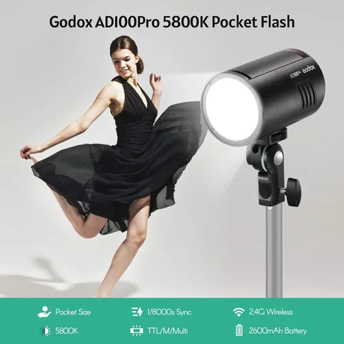 Miniatura 2 de GODOX AD100Pro Luz de Flash de Estudio en Bolsillo para Fotografía con Pantalla OLED 5800K 1/8000s Sync TTL/Multi/M Flash Integrado 2.4G Wireless X