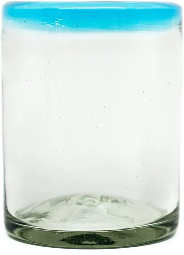 Miniatura 6 de Juego de 6 vasos soplados a mano (10 onzas) de México con borde Aquamarina – Cristalería de vidrio de burbuja reciclado, rústico y hecho a mano