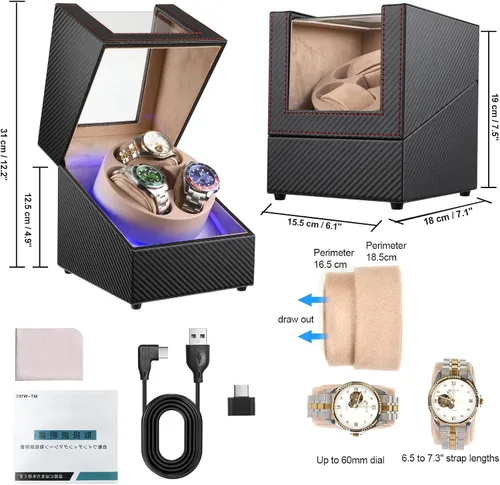Miniatura 6 de Bobinador de relojes Anyasun para relojes automáticos, caja de bobinador de 3 relojes con pantalla LED, motor japonés ultra silencioso, 4 modos