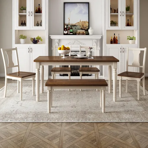Miniatura 2 de LUMISOL Juego de mesa de comedor de 6 piezas con banco, juego de mesa de cocina rectangular de granja para comedor, mesa de comedor y juego de 4