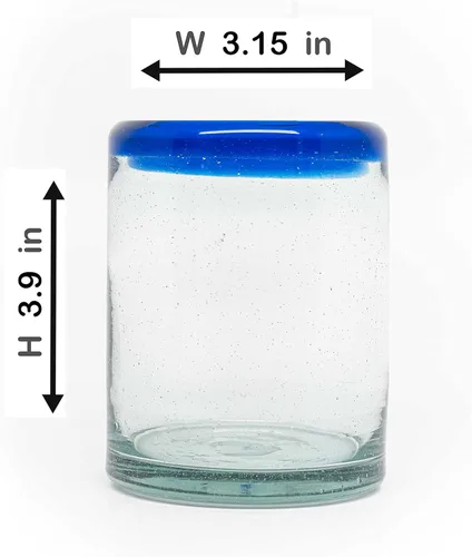 Miniatura 2 de Juego de 6 vasos soplados a mano (10 onzas) de México con borde azul cobalto, cristalería de vidrio de burbujas reciclada, rústica y hecha a mano