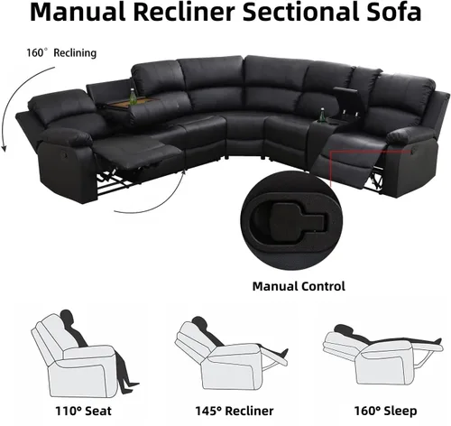 Miniatura 3 de Juego de sofá seccional reclinable manual, juegos de muebles de sala de estar de cuero regenerado en forma de L, sofá de esquina seccional