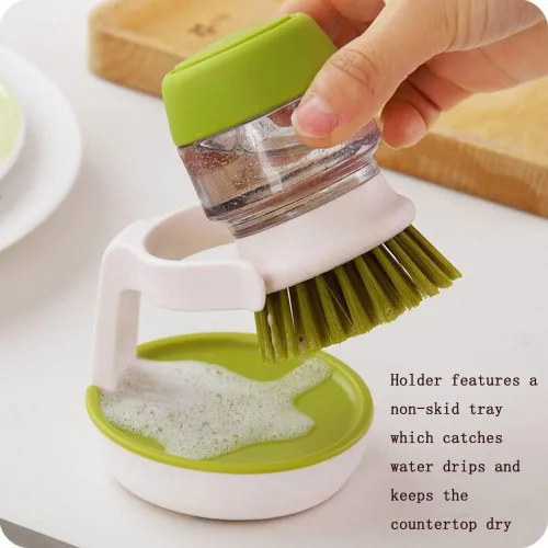 Miniatura 4 de Cepillo para platos con dispensador de jabón, cepillos para lavar platos de cocina con soporte y bandeja de goteo, para limpiar sartén, olla, Gris
