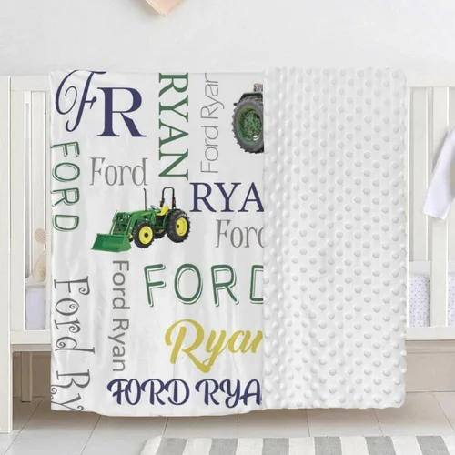 Miniatura 3 de Manta de bebé personalizada con tractor de granja, manta personalizada con nombre de doble capa, manta de felpa suave con respaldo punteado, manta