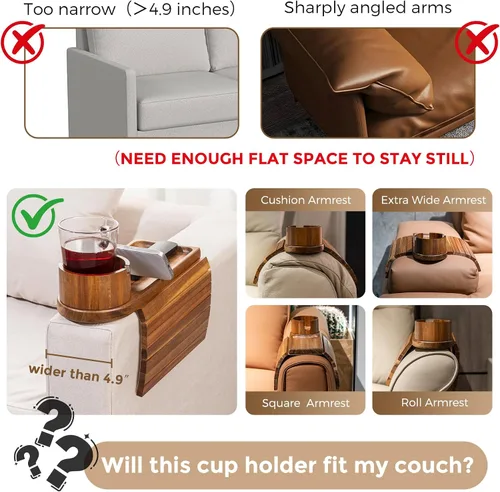Miniatura 3 de Soporte de taza para sofá para reposabrazos de más de 4.9 pulgadas de ancho, bandeja de brazo de sofá de madera de acacia con soporte de taza
