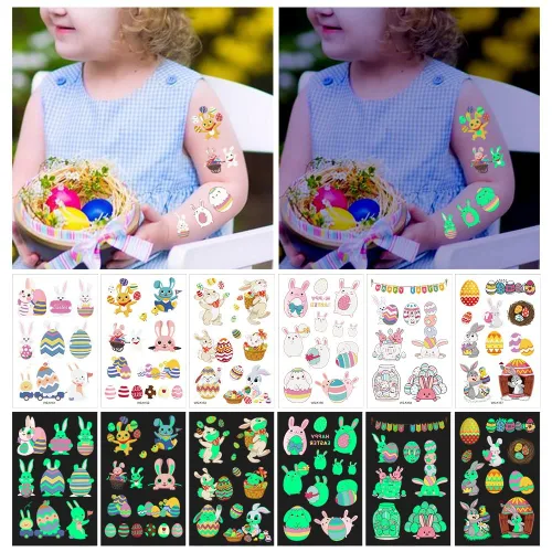 Miniatura 5 de 80 tatuajes temporales luminosos de Pascua para niños, que brillan en la oscuridad, canasta de Pascua, tatuajes de fiesta, tatuajes, huevos