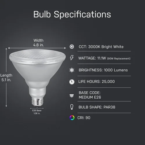 Miniatura 3 de Feit Electric Bombilla LED PAR38, Equivalente a 90W, Regulable, Blanco Brillante 3000K, 1000 Lúmenes, Vida Útil de 22 Años, Base E26, Bombilla