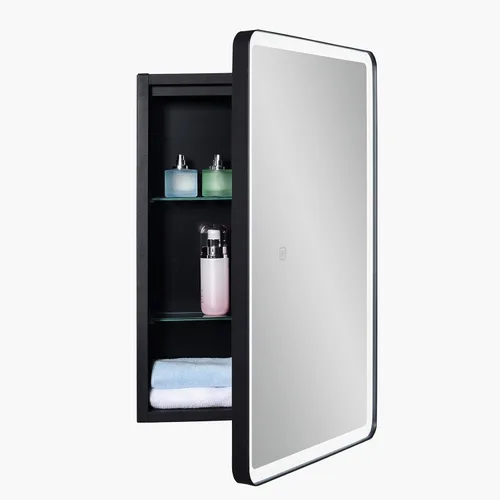 IDYLLOR Botiquín iluminado para baño con puerta de espejo con marco de esquina redonda de 15 x 25 pulgadas, apertura a la derecha, empotrado o