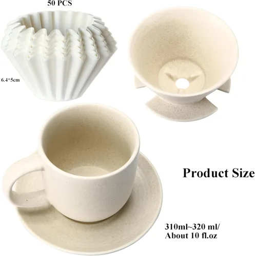 Miniatura 2 de Cafetera vertida, con 50 filtros de café de cesta, taza de 10.5 fl oz/10 oz con platillo y gotero de café, cerámica, blanco roto