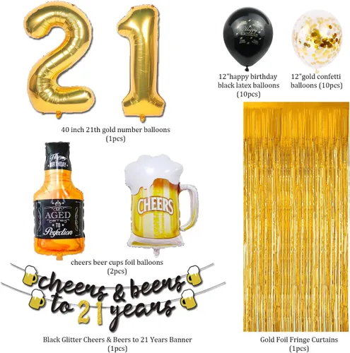 Miniatura 6 de Decoraciones de cumpleaños 21 para él, decoraciones de cumpleaños 21 con globos dorados de 40 pulgadas, pancarta de felicitación a 21 años, cortinas