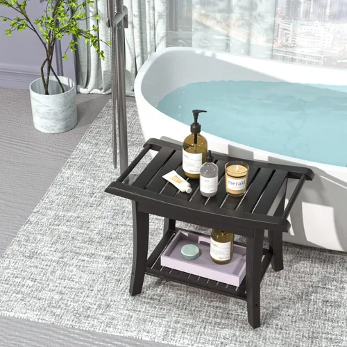 Miniatura 8 de Taburete Banco de Ducha de Bambú Impermeable con Estante de Almacenamiento para Afeitarse las Piernas o Asiento de Baño de Spa en el Baño y Dentro