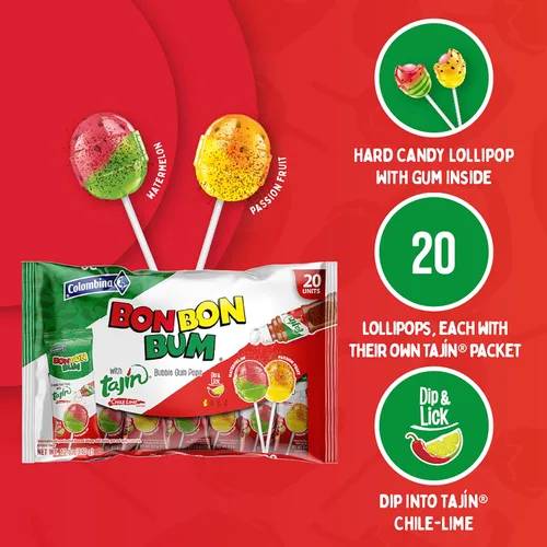 Miniatura 4 de Colombina Bon Bon Bum Tropical Maracuyá y Sandía con Condimento Tajin Chile Lima, 20 Unidades (Paquete de 1)