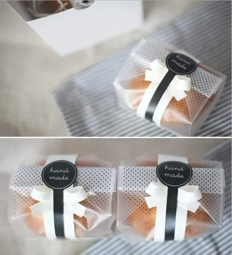 Miniatura 6 de (200 unidades) 100 bolsas de plástico translúcidas/bolsas de panadería con 100 calcomanías hechas a mano para galletas, pasteles, chocolate, dulces