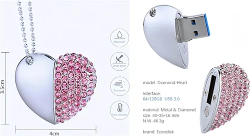Miniatura 7 de USB 3.0 Flash Drive - Pen drive con forma de lápiz labial, memoria de alta velocidad, collar brillante con bolsa de joyas, gran regalo, Rosado Heart
