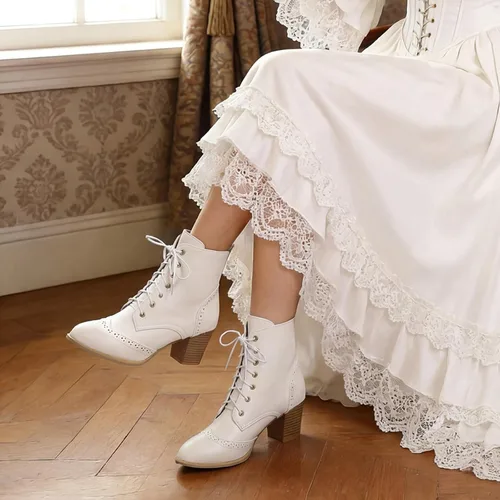 Miniatura 2 de Betastella Botas de tobillo con cordones para mujer, tacón grueso, con cierre lateral, botas cortas de vestir con cremallera lateral
