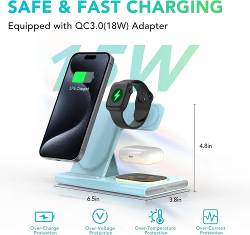 Miniatura 4 de Estación de carga 3 en 1 para iPhone 17 - Cargador inalámbrico para productos Apple para iPhone 17 16 15 14 13 12 11 Pro Max - Estación de carga Azul