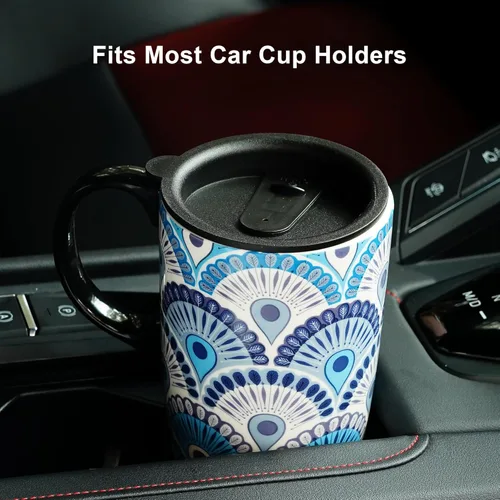 Miniatura 8 de Topadorn Taza de café de cerámica de 17 onzas con tapa y caja de regalo, taza de té de porcelana con plumas de pavo real Art Deco, apta para Azul