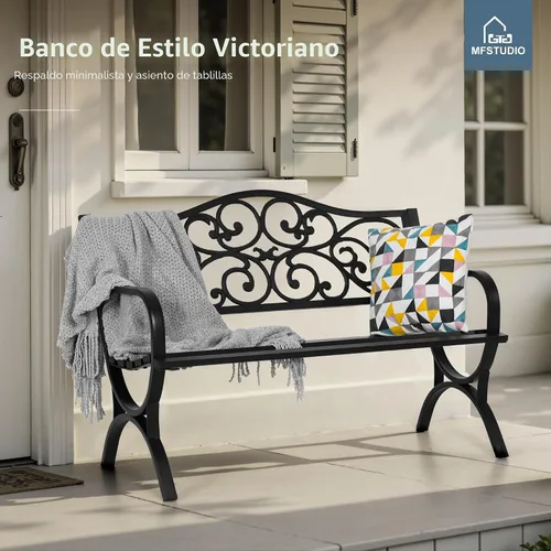 Miniatura 4 de MFSTUDIO Banco de jardín al aire libre de 50 pulgadas, banco de hierro fundido con marco de metal con respaldo de patrón floral, patas de arco