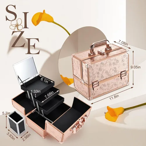 Miniatura 5 de FRENESSA Estuche de Maquillaje de 11.8 Pulgadas Estuche Organizador de Maquillaje Caja Grande de Cosméticos con Espejo Portátil 3 Bandejas Caja