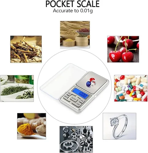 Miniatura 7 de Báscula de bolsillo digital portátil de 2 piezas, 17.64 oz de capacidad, 0.00 oz de precisión, báscula electrónica de joyería para alimentos