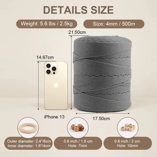 Miniatura 2 de ZUEXT: cuerdas de algodón de macramé de 4 mm, 547 yardas, ZUEXT cuerdas trenzadas naturales hechas a mano en gris de 4 hebras, cuerda de lana