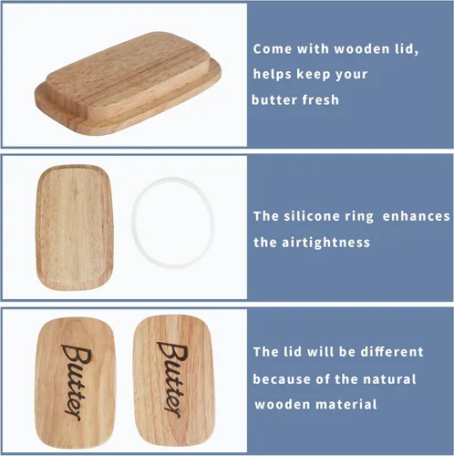 Miniatura 4 de GDCZ Mantequera de cerámica con tapa de madera, soporte grande para mantequilla cubierto para encimera, recipiente para mantequilla perfecto