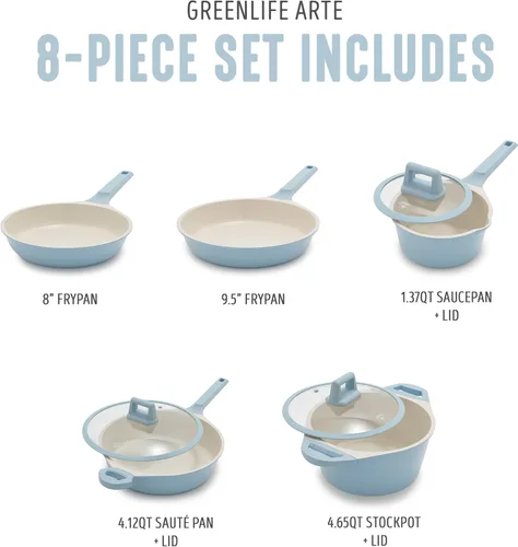 Miniatura 4 de GreenLife Juego de 8 piezas de utensilios de cocina de cerámica antiadherente, ollas y sartenes aptas para inducción, libres de PFAS y no tóxicas
