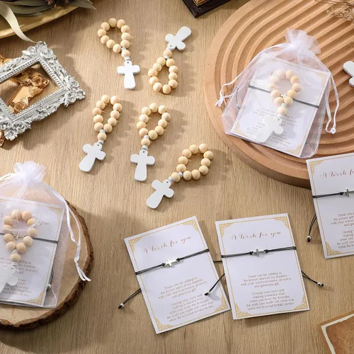 Miniatura 6 de Ecation Recuerdos de bautismo para invitados, rosario de madera con dedo, mini pulsera de cruz de rosario, pulseras religiosas y bolsas de organza