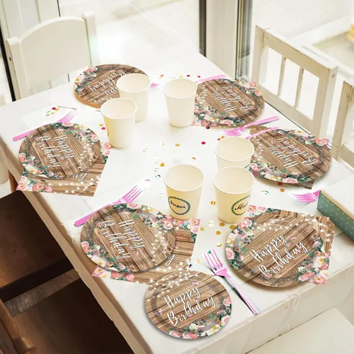 Miniatura 6 de Juego de 96 platos de fiesta de cumpleaños con flores de madera de grano de madera rosa y flores rústicas para niñas y niños, suministros de fiesta