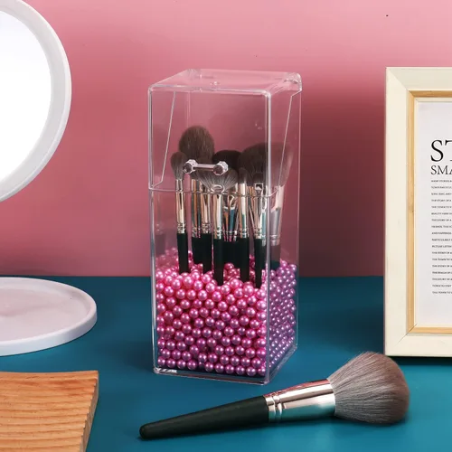 Miniatura 2 de Sooyee Soporte para brochas de maquillaje, organizador de brochas de maquillaje con perlas rosas de 0.315 in, soporte para brochas de maquillaje a