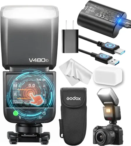 Godox V480 para Canon GODOX TTL Flash - GN50/1.7s Recycle/650 Tiempos de flash/HSS/Lectura de distancia inteligente/Lámpara de modelado LED de 10