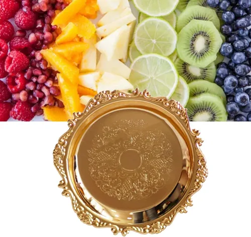 Miniatura 3 de TITA-DONG Plato redondo de fruta, bandeja de metal para servir alimentos, platos redondos vintage, bandeja de frutas, postre y pastel, disco Dorado