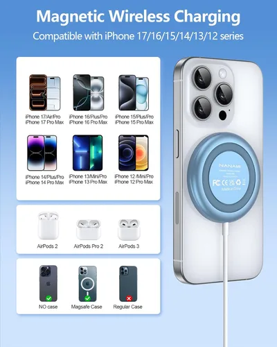 Miniatura 2 de NANAMI Cargador inalámbrico magnético con adaptador PD de 20 W, para MagSafe iPhone 17/16/15/14/13/12 Series y AirPods 3/2/Pro/Pro 2, base Azul