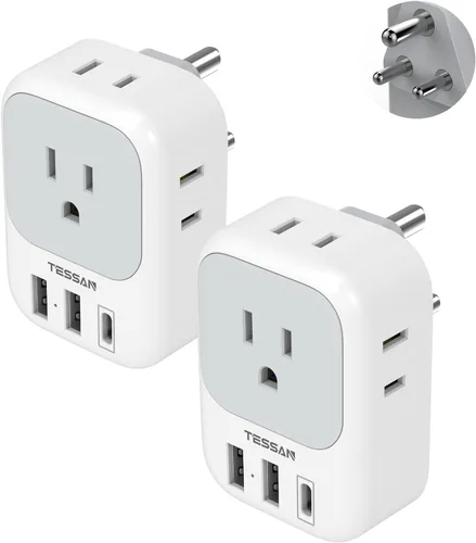 Adaptador de Enchufe para India Paquete de 2, Adaptador de Viaje Tipo D TESSAN con 4 Tomacorrientes Cargador de 3 USB (1 Puerto USB C), Adaptador de