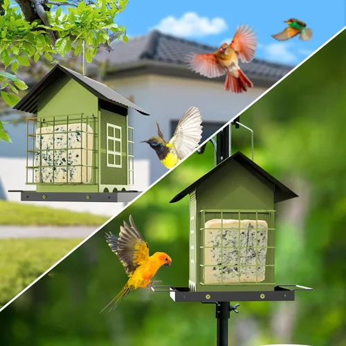 Miniatura 5 de FlowaFoli Comederos para pájaros para colgar al aire libre, comedero de metal para pájaros con doble jaula de sebo para pasteles, gran capacidad