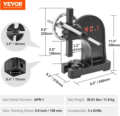 Miniatura 7 de VEVOR Prensa de Árbol, Prensa de Árbol Manual de 1 Tonelada con Volante, 5.9" de Altura Máxima, Prensa de Árbol Manual de Escritorio de Hierro