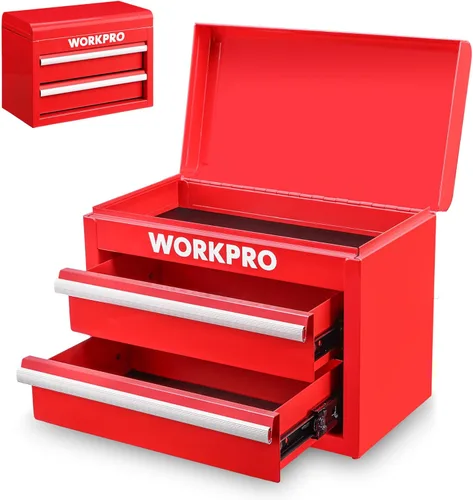WORKPRO Caja Mini de Herramientas de Metal, Caja de Herramientas Superior con Dos Cajones con Guías de Rodamiento de Bolas, Forros de Cajones de PVC