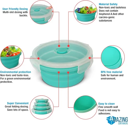 Miniatura 3 de Juego de 4 recipientes plegables de silicona para almacenamiento de alimentos con tapas, cuencos plegables para camping, almacenamiento