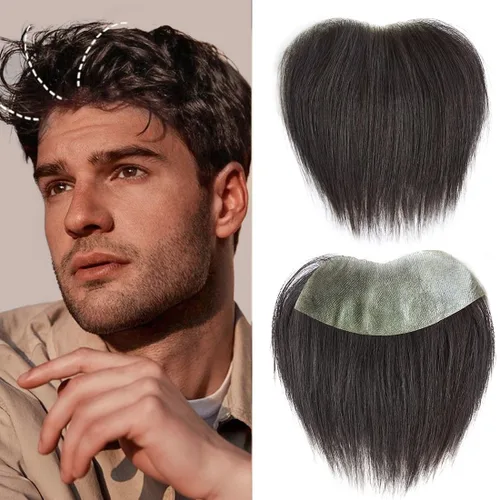 Miniatura 25 de Extensión frontal de cabello rubio claro para hombres, extensión de cabello lacio con pérdida de línea de cabello humano con cinta adhesiva