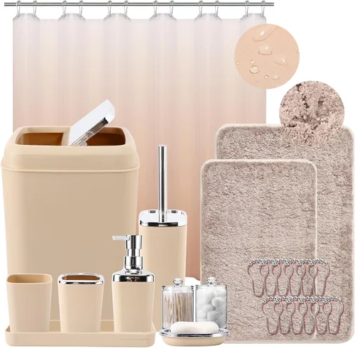 Miniatura 57 de XLHOMO - Juego de baño beige de plástico de 9 piezas, con basurero, dispensador de jabón, portacepillos de dientes, vaso, jabonera, cepillo
