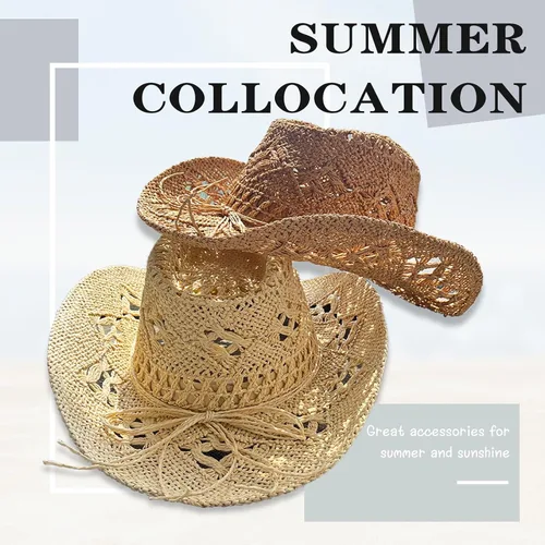 Miniatura 3 de Sombreros de vaquero de paja para mujer, sombrero de vaquera occidental brillante para fiestas de vacaciones, sombrero de sol plegable