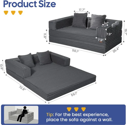 Miniatura 2 de COMAX Sofá cama futón, sofá cama convertible 4 en 1, sofás deshuesados para sala de estar, sofá biplaza plegable pequeño plegable que ahorra Gris