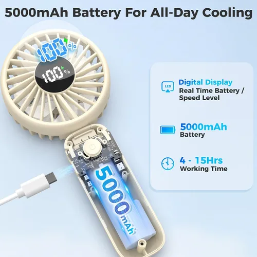 Miniatura 4 de Ventilador de mano plegable, ventiladores de mano recargables de 5000 mAh con potente refrigeración, 4 velocidades, pantalla LED, ventilador