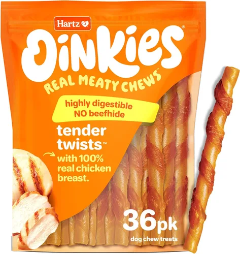 Miniatura 8 de Hartz Oinkies Tender Twists con pechuga de pollo real sin piel cruda para perros, masticables altamente digeribles para perros, 18