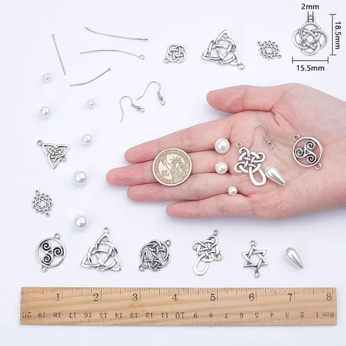 Miniatura 3 de SUNNYCLUE 1 caja de 8 pares de aretes de nudo celta de plata antigua, aretes colgantes de perlas, kit de inicio de fabricación de joyas