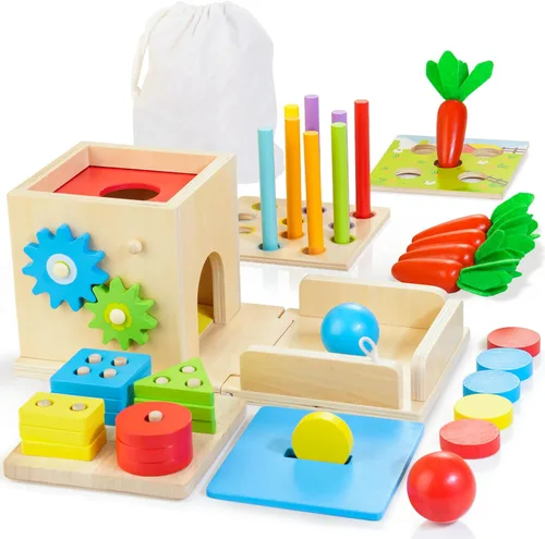 Kizfarm Juguetes Montessori de madera para bebés, kit de juego de madera 8 en 1, incluye caja permanente de objetos, caja de monedas, cosecha de