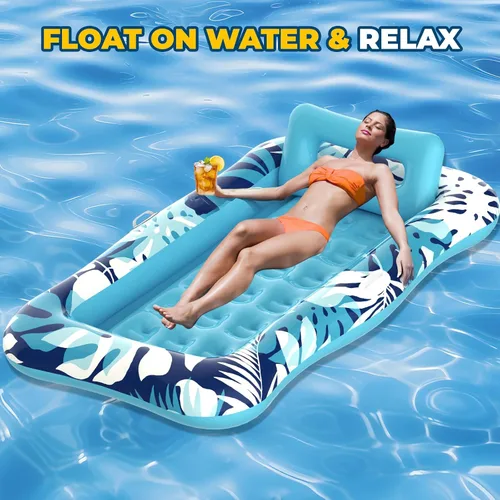 Miniatura 3 de Pool Floats Adult,76" x 48" XL Inflatable Tanning Pool Lounger Float with Pillow,4 in 1 Suntan Tub Sunbathing Raft Floatie Water-Filled Mattress Azul
