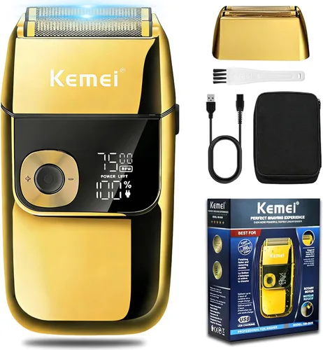 KEMEI Maquinillas de afeitar eléctricas para hombres, pantalla LCD inalámbrica, recargable por USB con recortador de barba emergente, el mejor Dorado