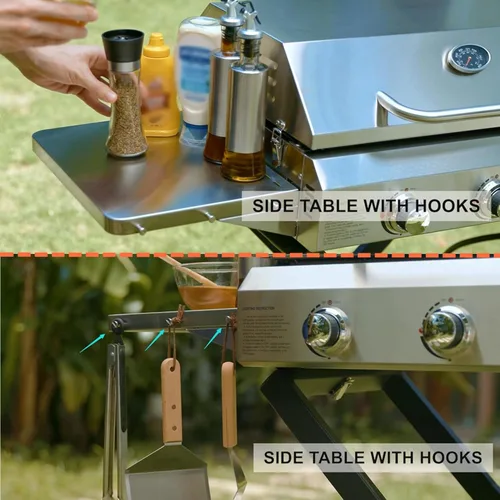 Miniatura 3 de ONLYFIRE GRILLS Plancha portátil de gas propano de 3 quemadores con carrito plegable y mesa auxiliar, parrilla de gas plana con tapa, para cocinar