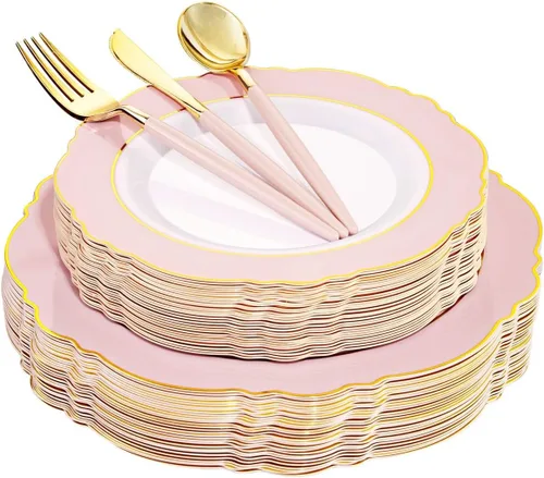 WDF 30Guest - Platos de plástico rosa y cubiertos de plástico dorado con mango rosa, barroco rosa y dorado para bodas y fiestas de lujo, día de la